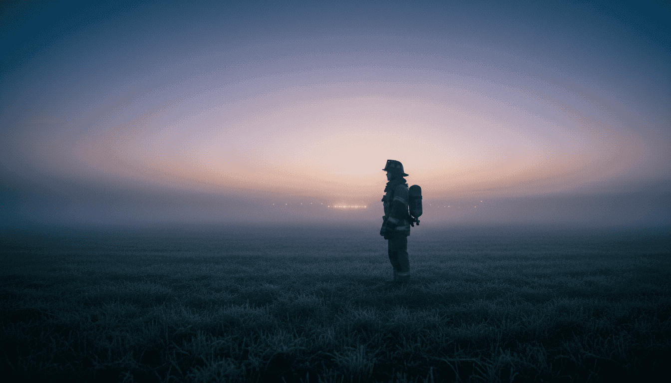 A silhouette of a firefighter stands against a foggy, pre-dawn sky, symbolizing the quiet challenges faced by North Bay firefighters mental health.