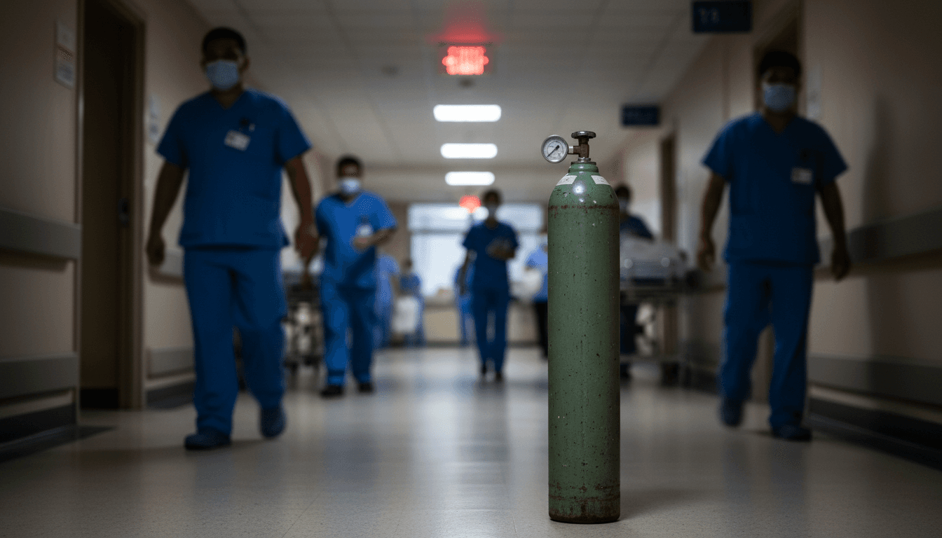 An empty oxygen tank stands alone in a dimly lit hospital corridor, symbolizing the critical oxygen crisis in Gaza hospitals.