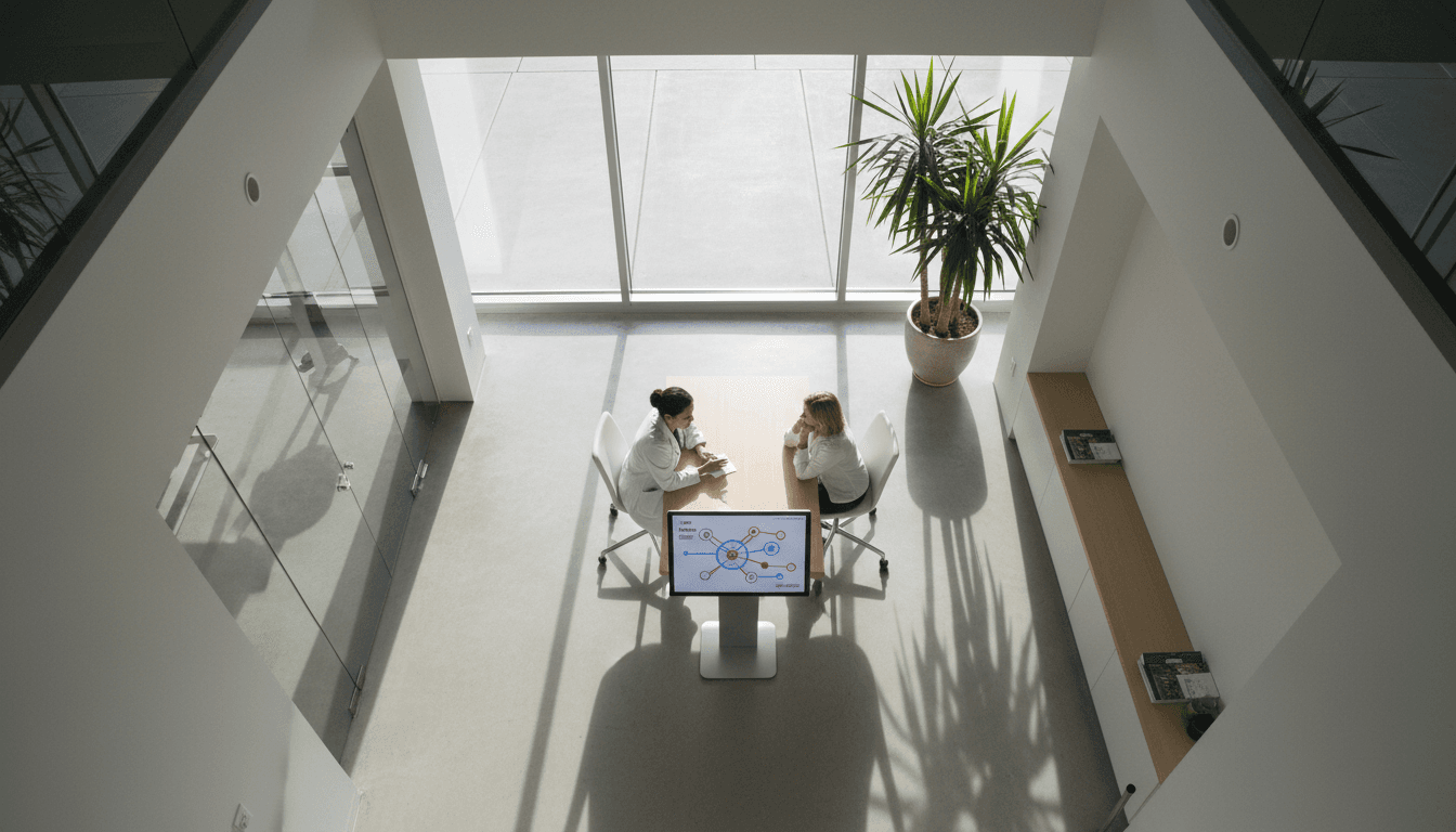A doctor explaining to a patient how PCOS is renamed PMOS on a tablet screen in a consultation room.