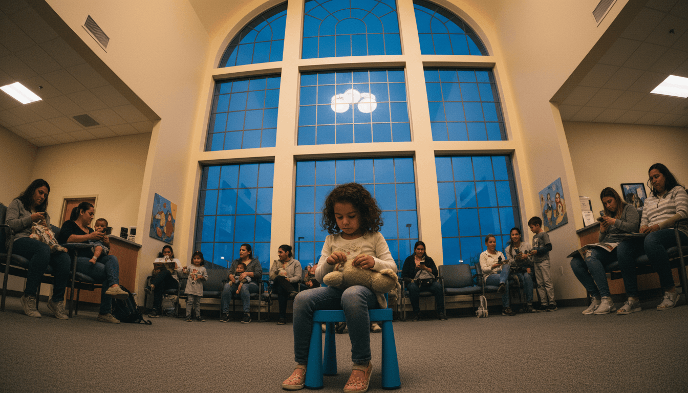 A wide environmental shot of a busy pediatric primary care clinic waiting room, filled with children and their parents, with a subtle emphasis on a child looking anxious, reflecting the growing children's mental health needs.