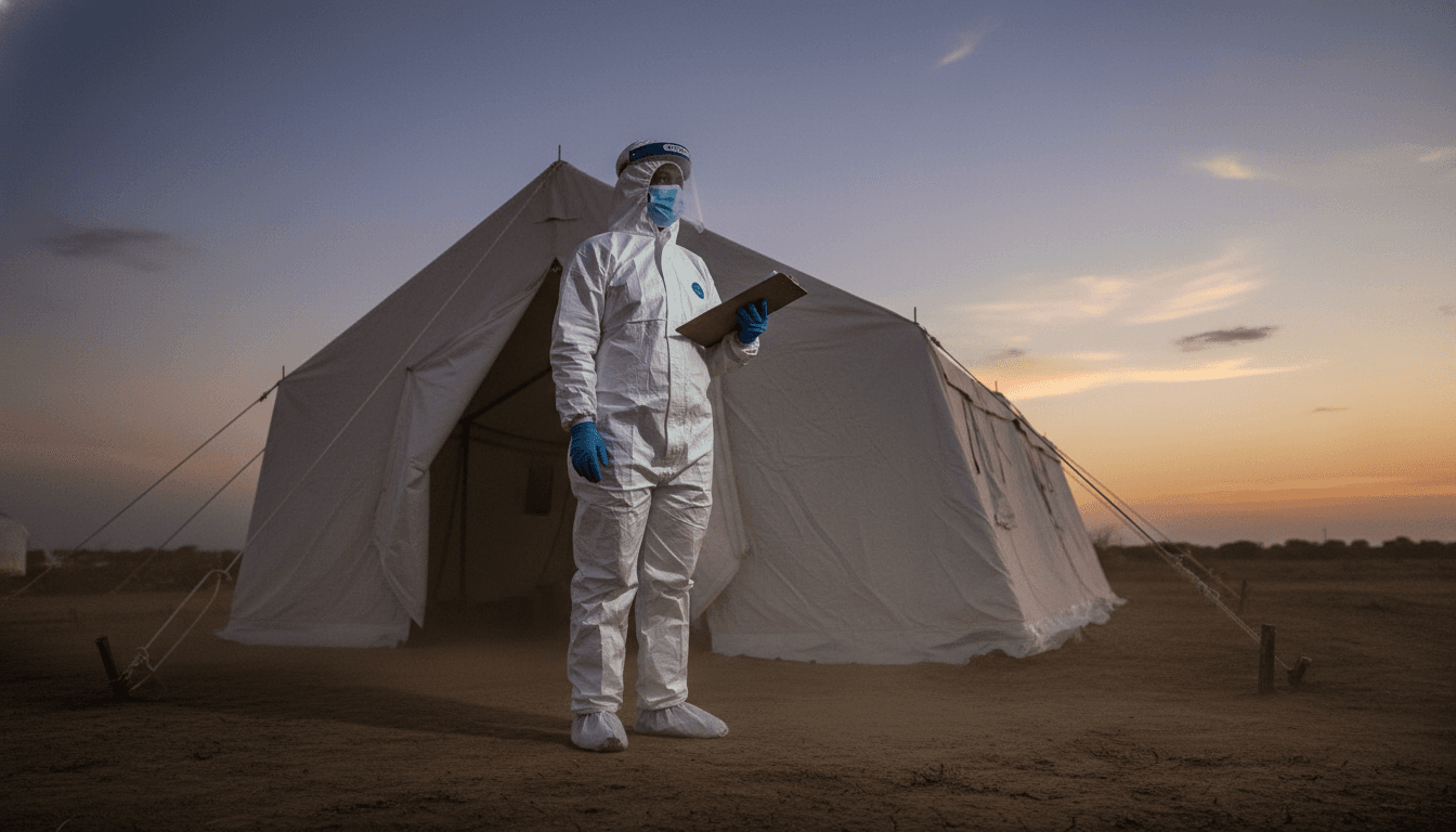 A healthcare worker in full personal protective equipment (PPE) stands at the entrance of a mobile field hospital, with a medical tent visible in the background, during the Ebola outbreaks trigger global health emergency.