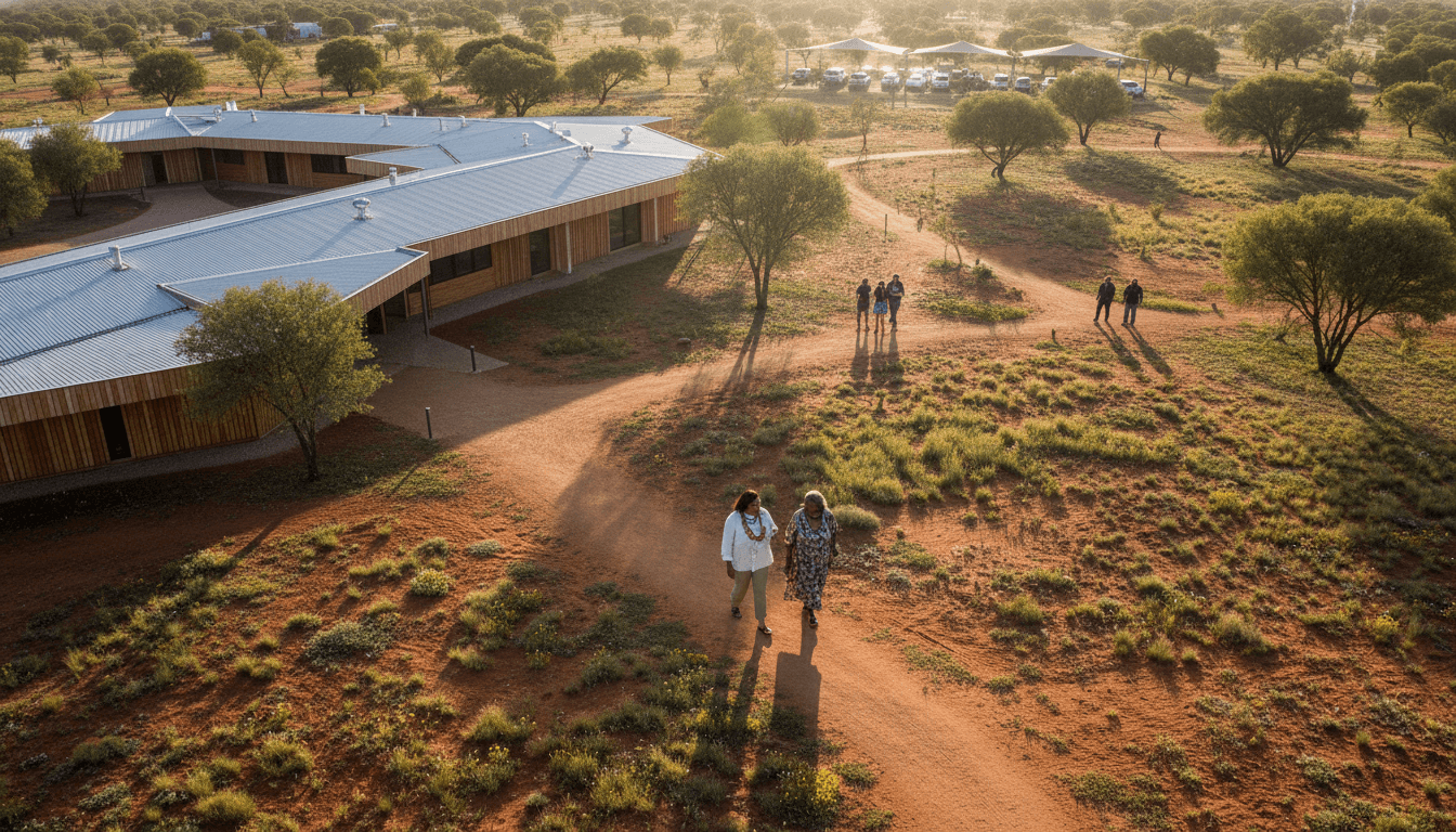 Aboriginal mental health workers central to patient care, walking alongside an Indigenous patient near a hospital entrance.