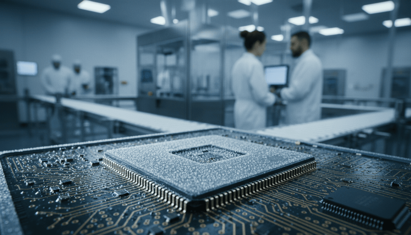 A close-up of a circuit board with components specifically designed for electronics near zero temperatures, showing frost on the metallic parts.