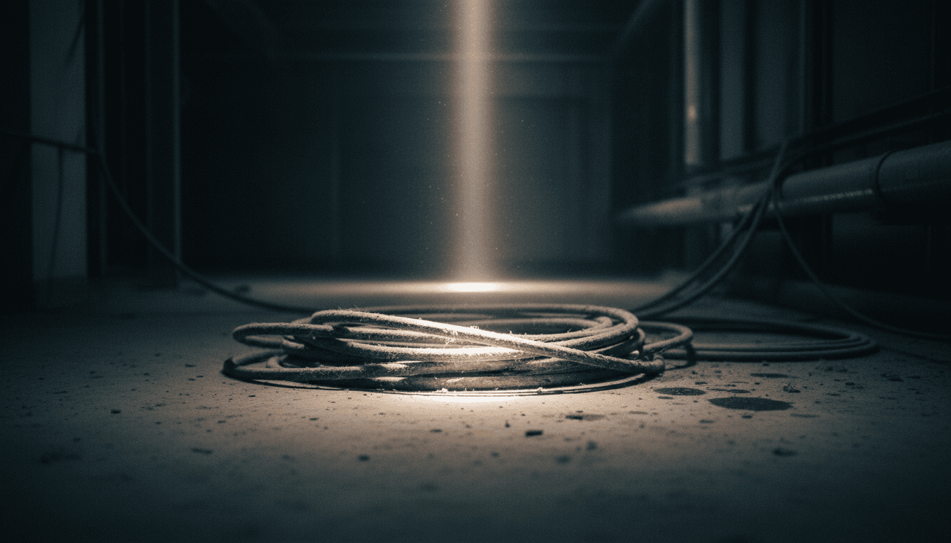 Coiled fiber optic cables in a dimly lit, possibly abandoned data center, hinting that fiber optic cables eavesdrop on unseen conversations.