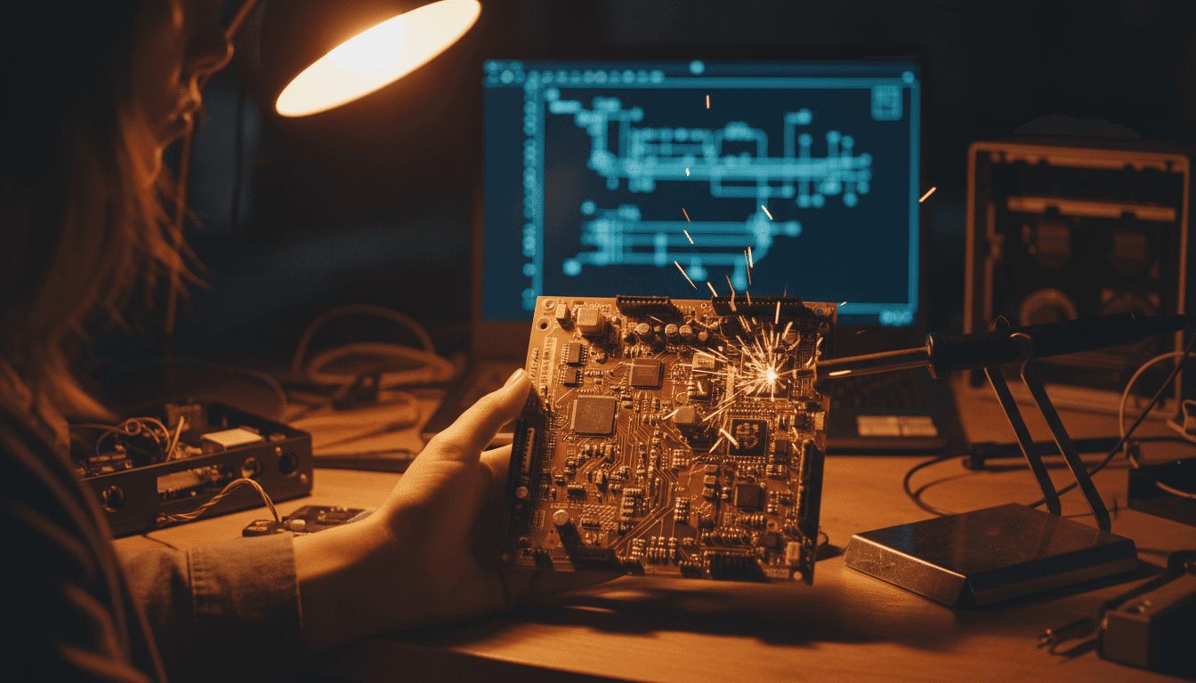 A close-up of a printed circuit board (PCB) populated with various electronic components, with the distinctive layout of CERN KiCad libraries visible.