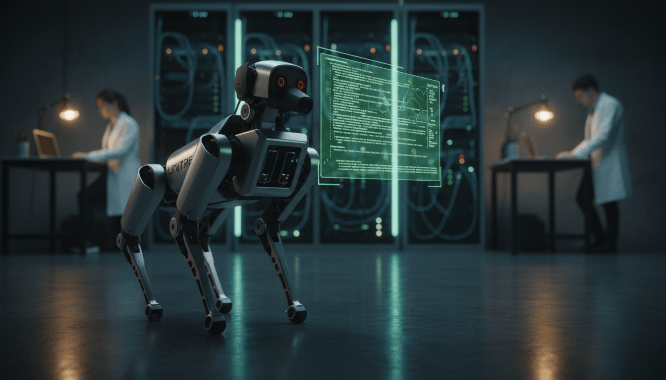 A close-up of a Unitree robot dog's head, with a digital overlay showing arbitrary command execution via Wi-Fi password entry, highlighting Unitree robot dogs security flaws.