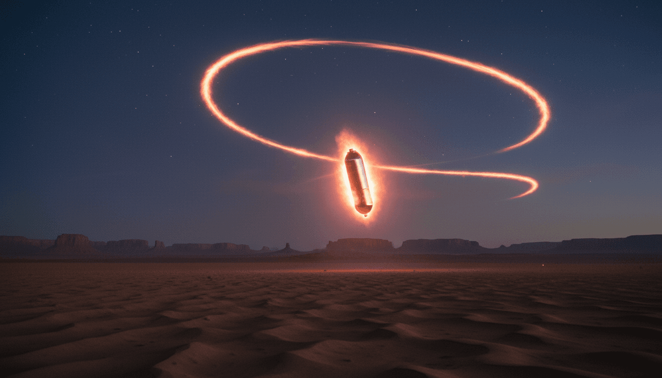 A small, boulder-sized capsule, designed for orbital drug manufacturing, re-entering Earth's atmosphere with a fiery trail.