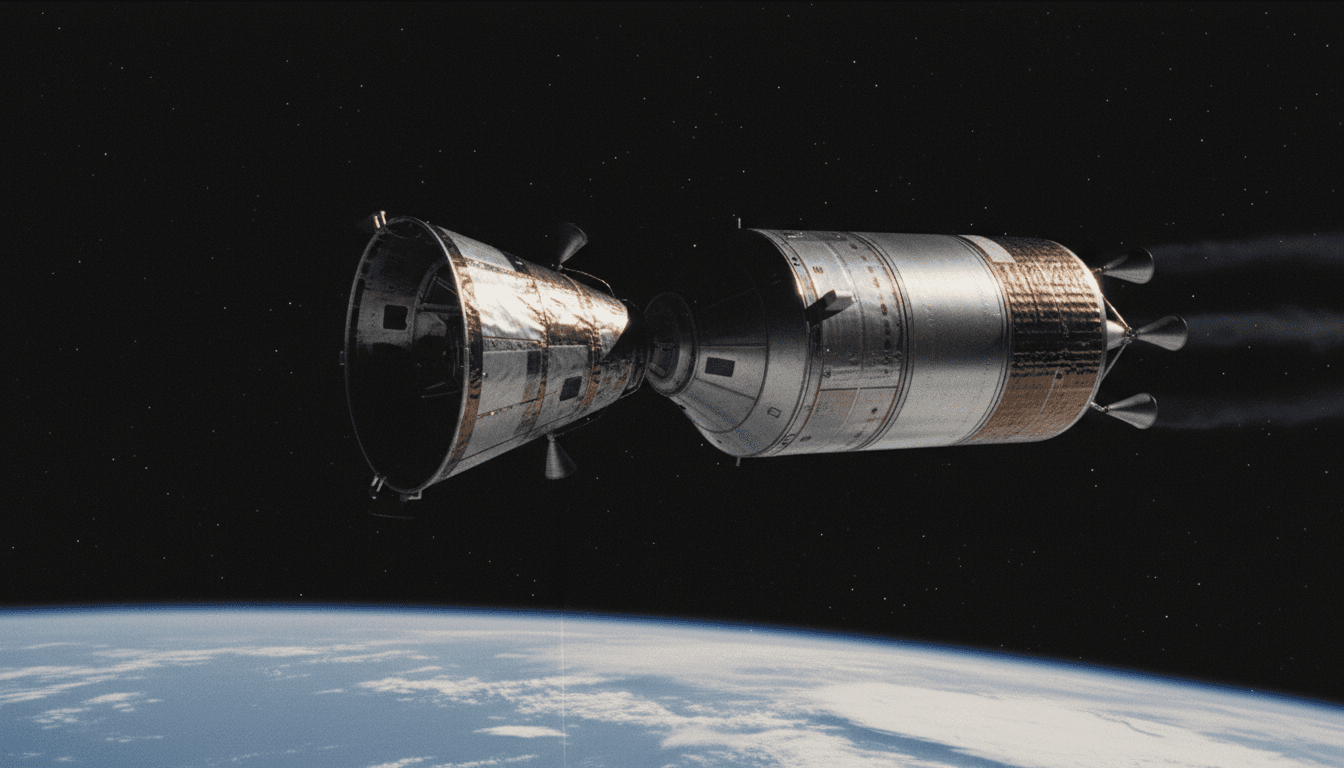 An artistic rendering of the Apollo command module separating from the service module in Earth orbit, with the focus keyphrase 'Apollo module separation' highlighted.