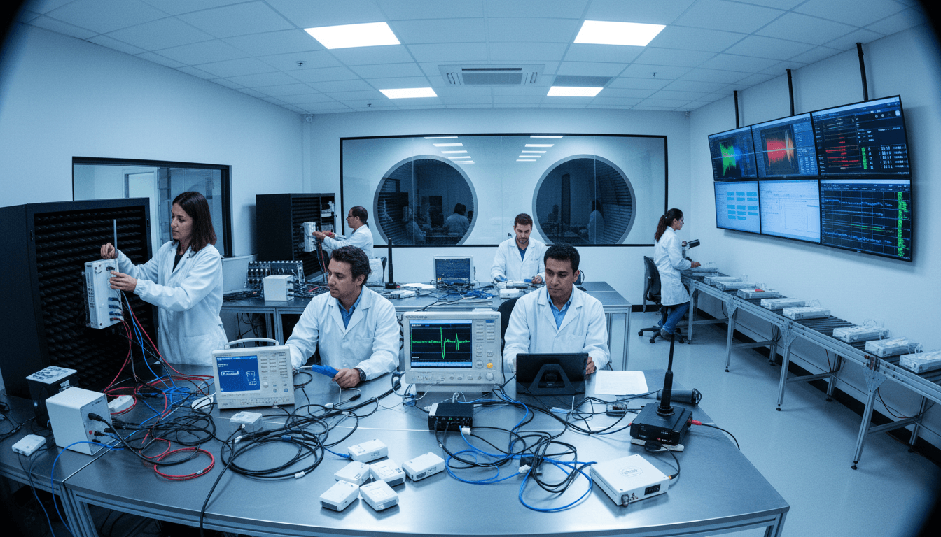 Engineers conducting RF coexistence testing in a lab with various wireless devices and spectrum analyzers.