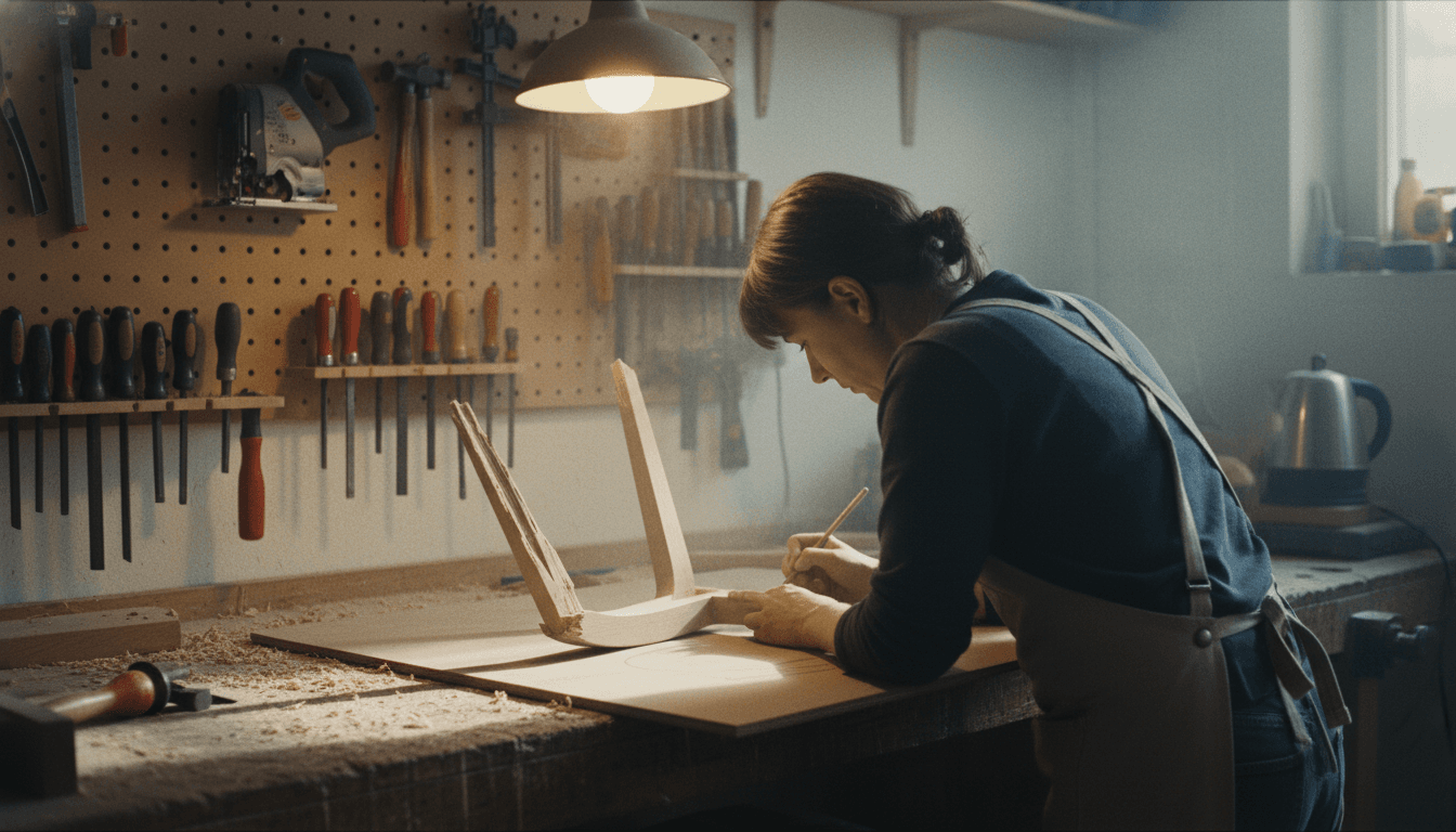 Close-up of a craftsman tracing the contours of a broken laminated wooden furniture part onto MDF, crucial for recreating broken laminated wood.
