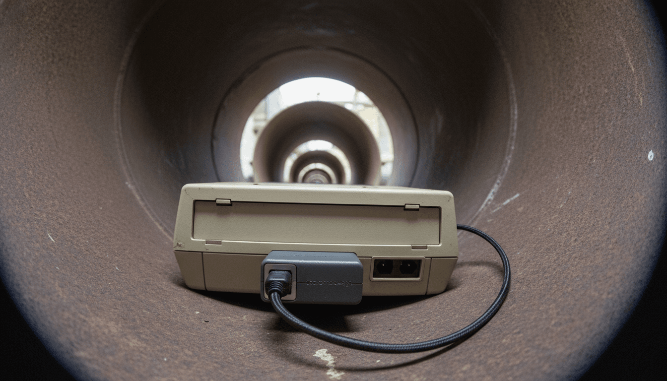 A compact C64 PSU modernizes the Commodore 64 power, plugging directly into the computer's power port, with a USB-C cable connected.