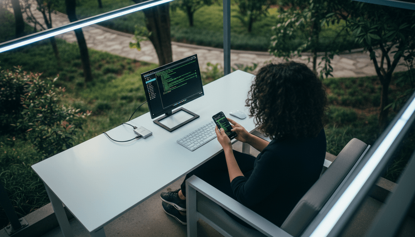 An aerial view of a person using a smartphone running Linux on Android, connected to a portable monitor and keyboard in an outdoor, minimalist workspace.