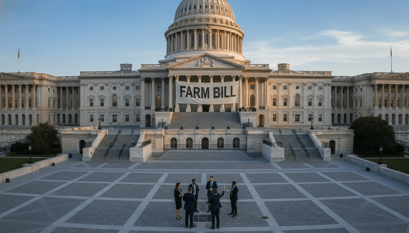 A wide-angle shot of the US Capitol building with a 'Farm Bill advances' banner digitally superimposed on the facade.