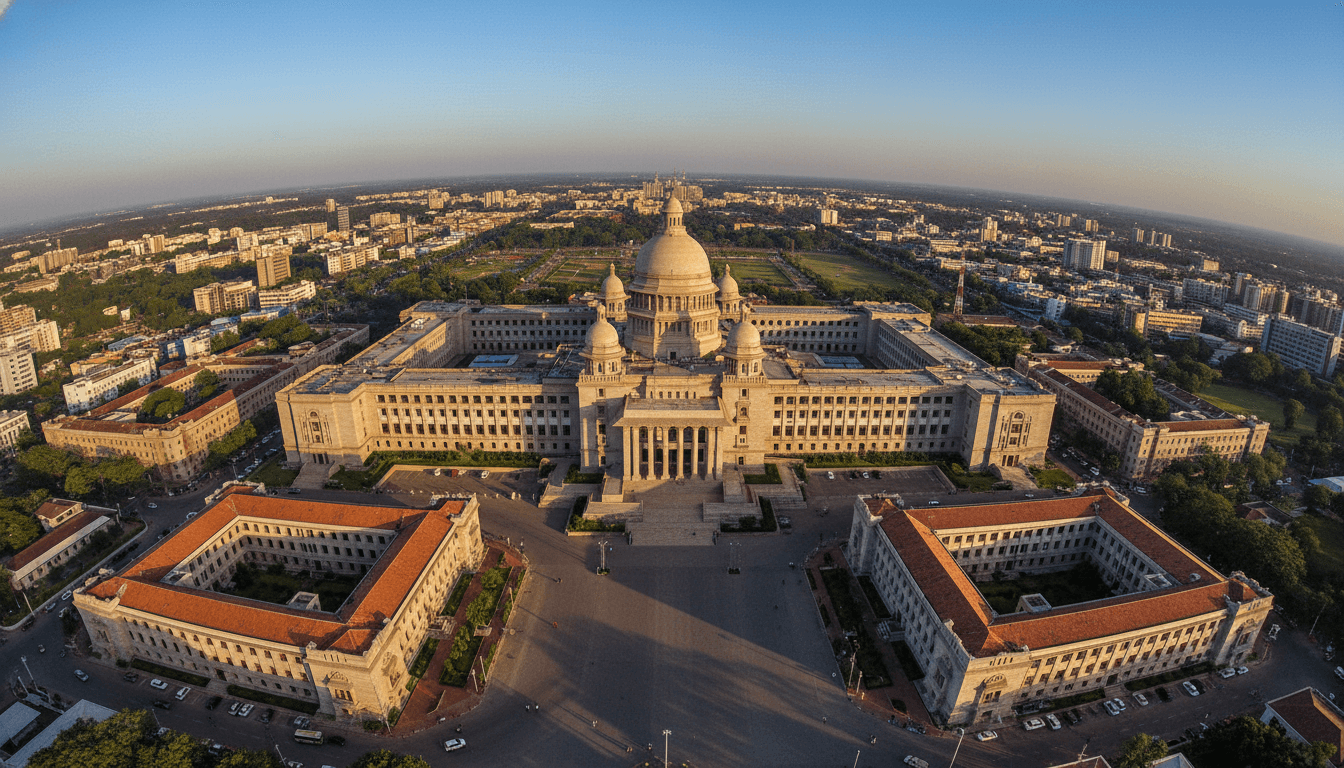 An aerial view of the Karnataka Vidhana Soudha, symbolizing the seat of power, under a clear sky, representing the current Karnataka Congress leadership ambitions.