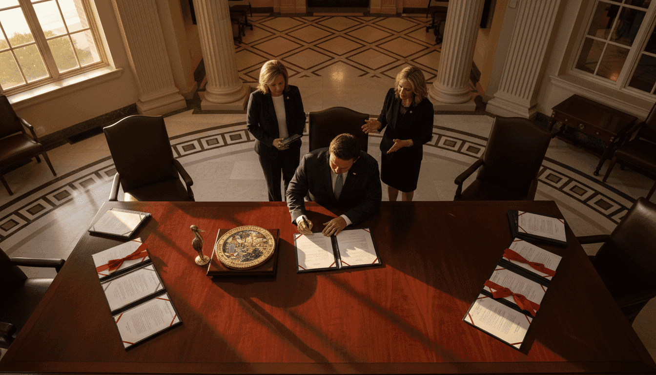 Governor Ron DeSantis signing the Florida congressional map legislation at a desk with aides present.