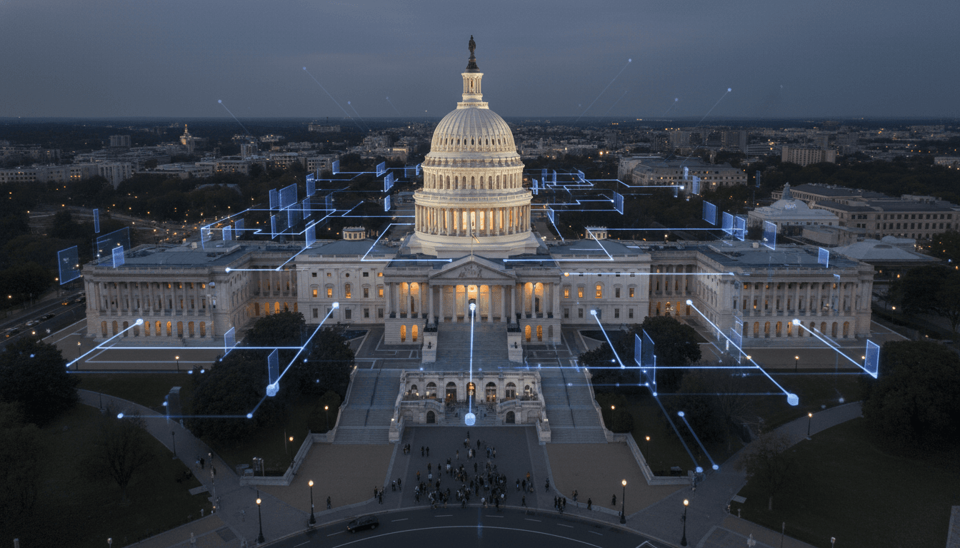 A digital representation of the US Capitol Building overlaid with abstract blockchain network lines, symbolizing the US Senate crypto bill vote.