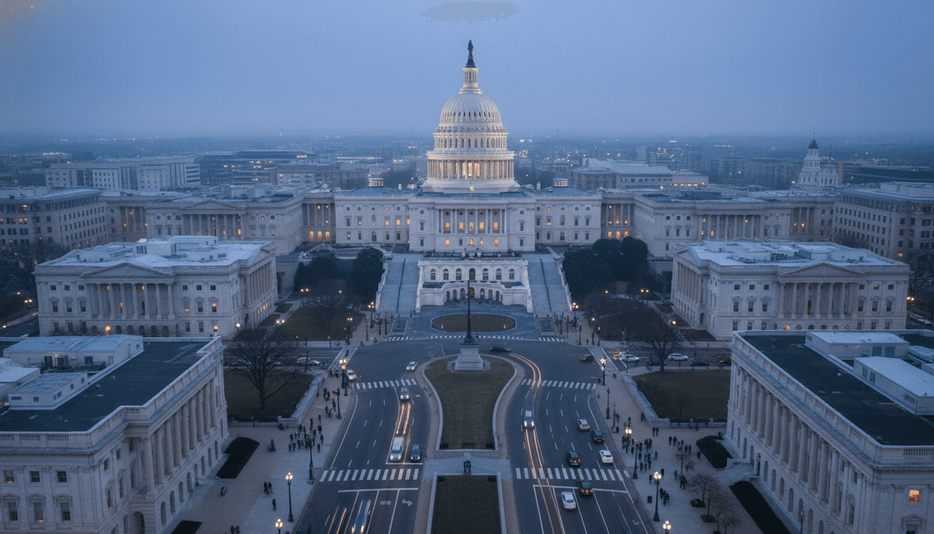 An aerial view of the US Capitol Building, symbolizing the legislative process and the debate over earmark funding bills.