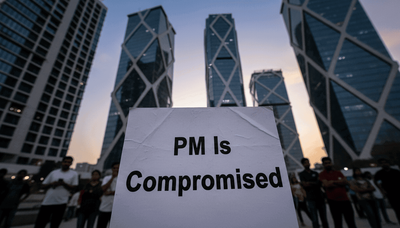 A close-up view of a large 'PM Is Compromised' poster displayed prominently near Cyber Towers in HITEC City, Hyderabad, amidst urban infrastructure.