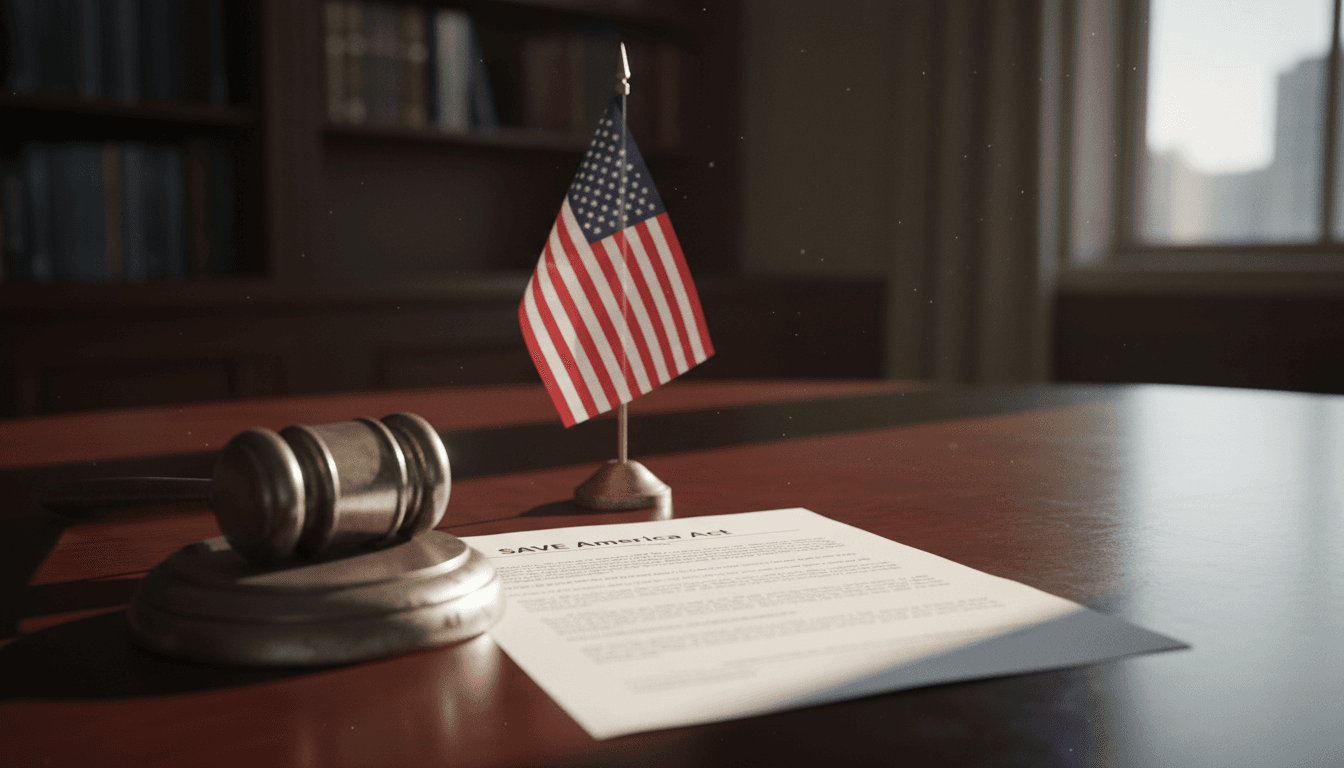 A legislative bill document titled 'SAVE America Act' on a polished wooden desk, partially obscured by a gavel, with a small American flag in the background, symbolizing Trump's election bill.