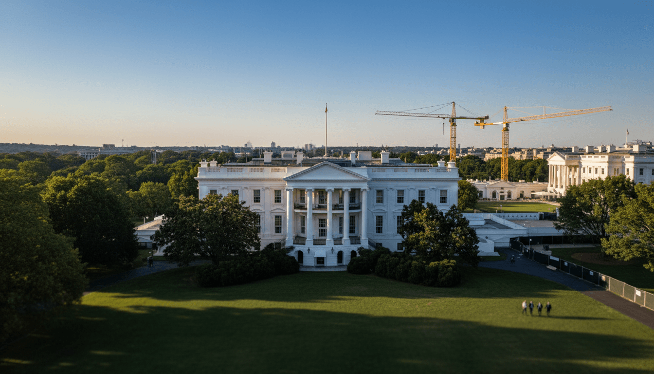 Aerial view of the White House complex from the Washington Monument, highlighting the potential area for the billion-dollar White House security proposal and ballroom.