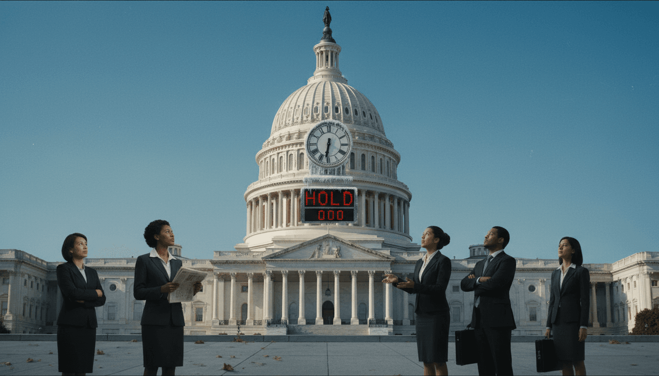 A symbolic image depicting a frozen Capitol Building clock tower, representing the halted 'time' and 'pay' during a lawmaker pay freeze in a government shutdown.