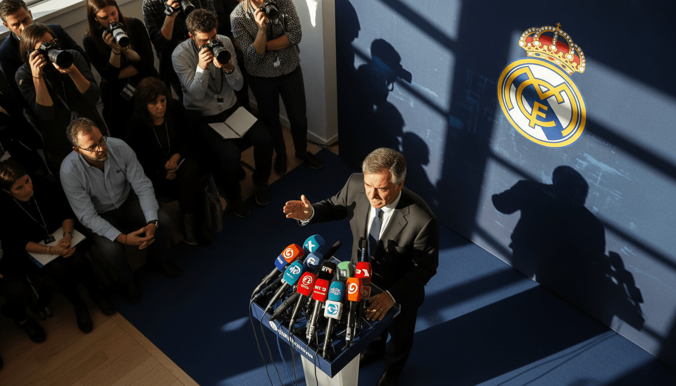 Florentino Pérez at a press conference announcing the Real Madrid presidential election process.