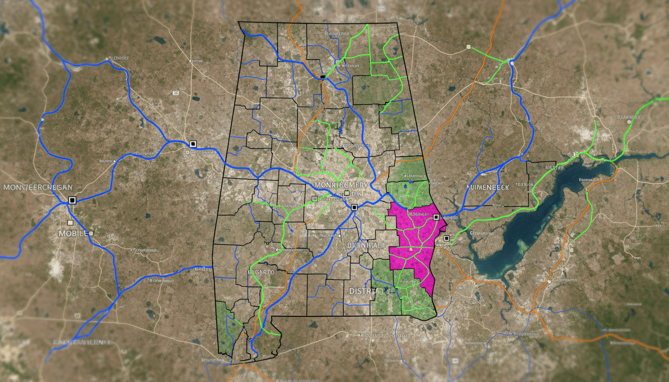 An aerial view of the Alabama congressional map, highlighting the contested District 1 and the proposed new boundaries, symbolizing the legal challenge and electoral uncertainty.