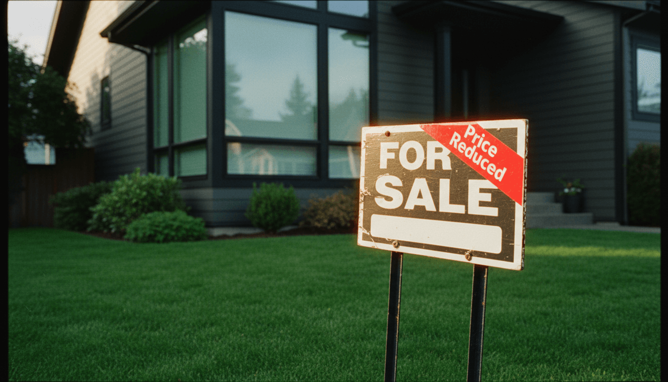 Close-up of a 'For Sale' sign with a 'Price Reduced' sticker in front of a modern Seattle home, emphasizing that Seattle home prices fall.