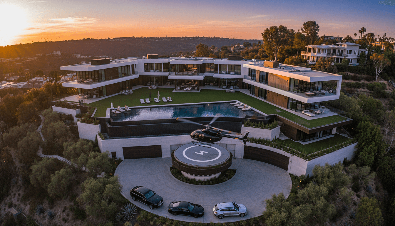 An aerial view of a sprawling LA mega mansion with multiple structures and extensive landscaped grounds, reflecting the high valuation.
