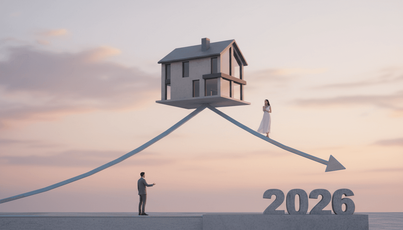 A detailed graph showing a stable or slightly declining line for housing market predictions 2026, with a small house icon at the peak of the graph.