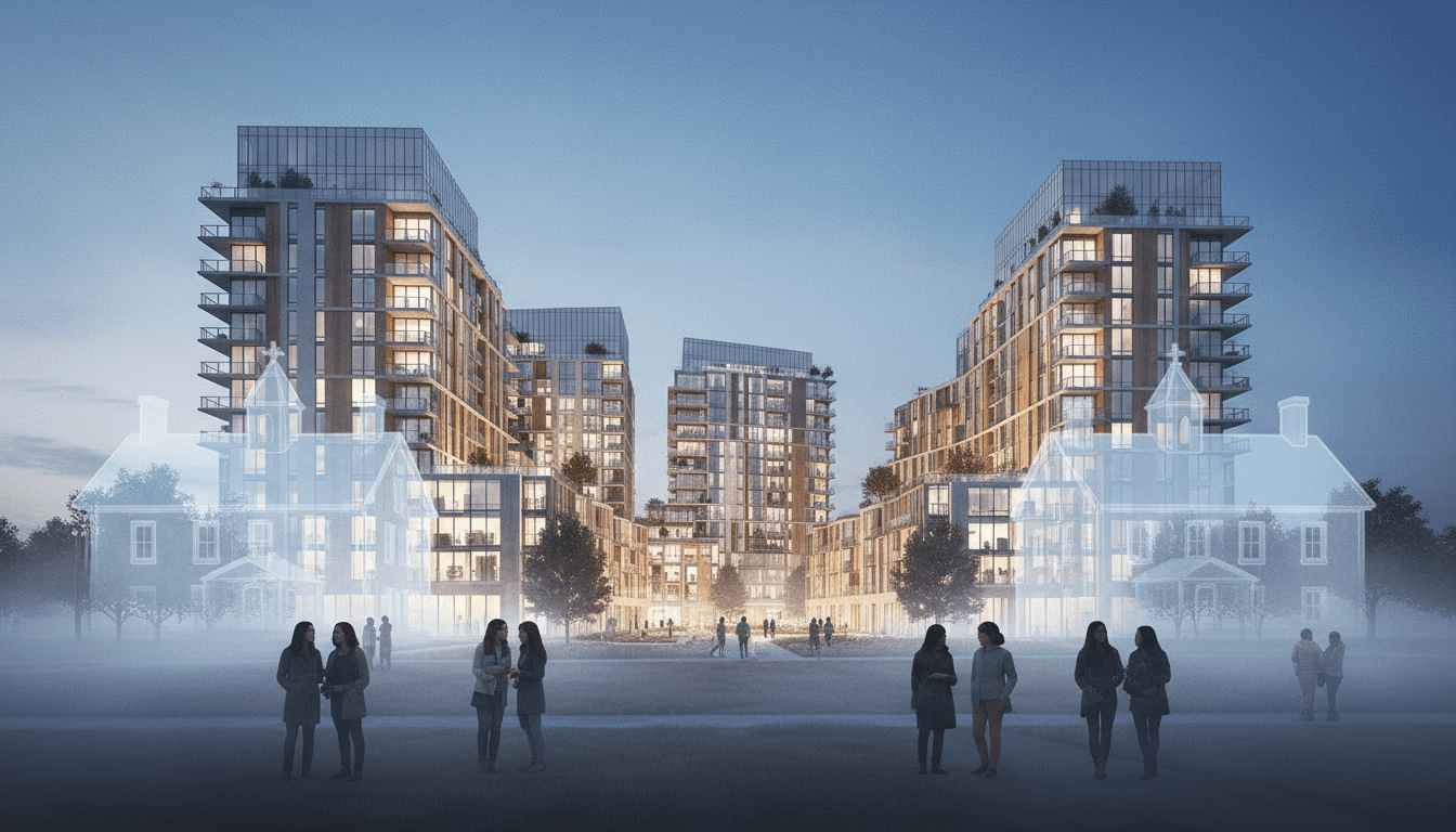 An architectural rendering overlaying modern condominiums onto the faded sepia-toned outline of the historic Sarah Fisher property's original chapel and cottages, symbolizing its redevelopment.