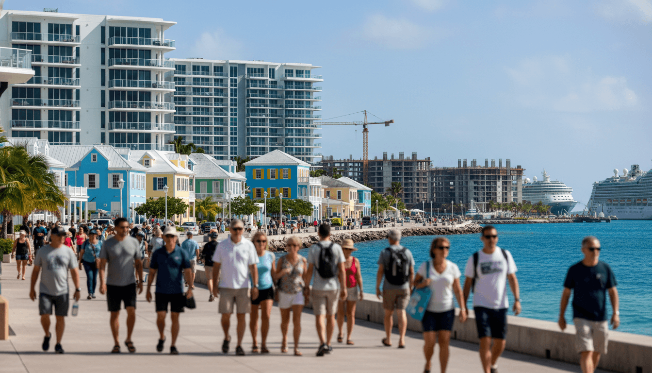 A vibrant street scene in the Cayman Islands, with a mix of residential buildings and tourist accommodations, illustrating how the short-term rental market compounds local housing issues.