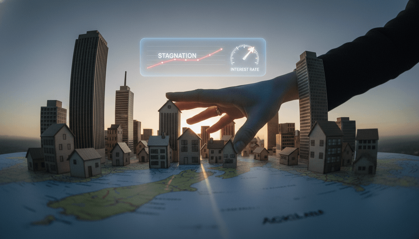 A stylized graphic depicting a stalled New Zealand housing market, with a graph line flatlining and a worried buyer looking at an interest rate gauge.