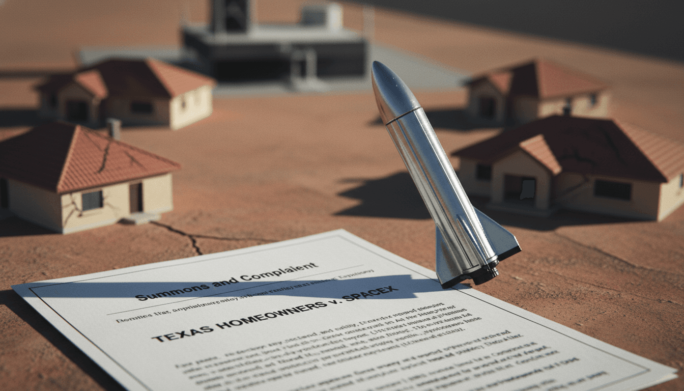 A legal document with 'Starship rocket launches' highlighted, overlaid on a blurred image of a residential area near a rocket launchpad.