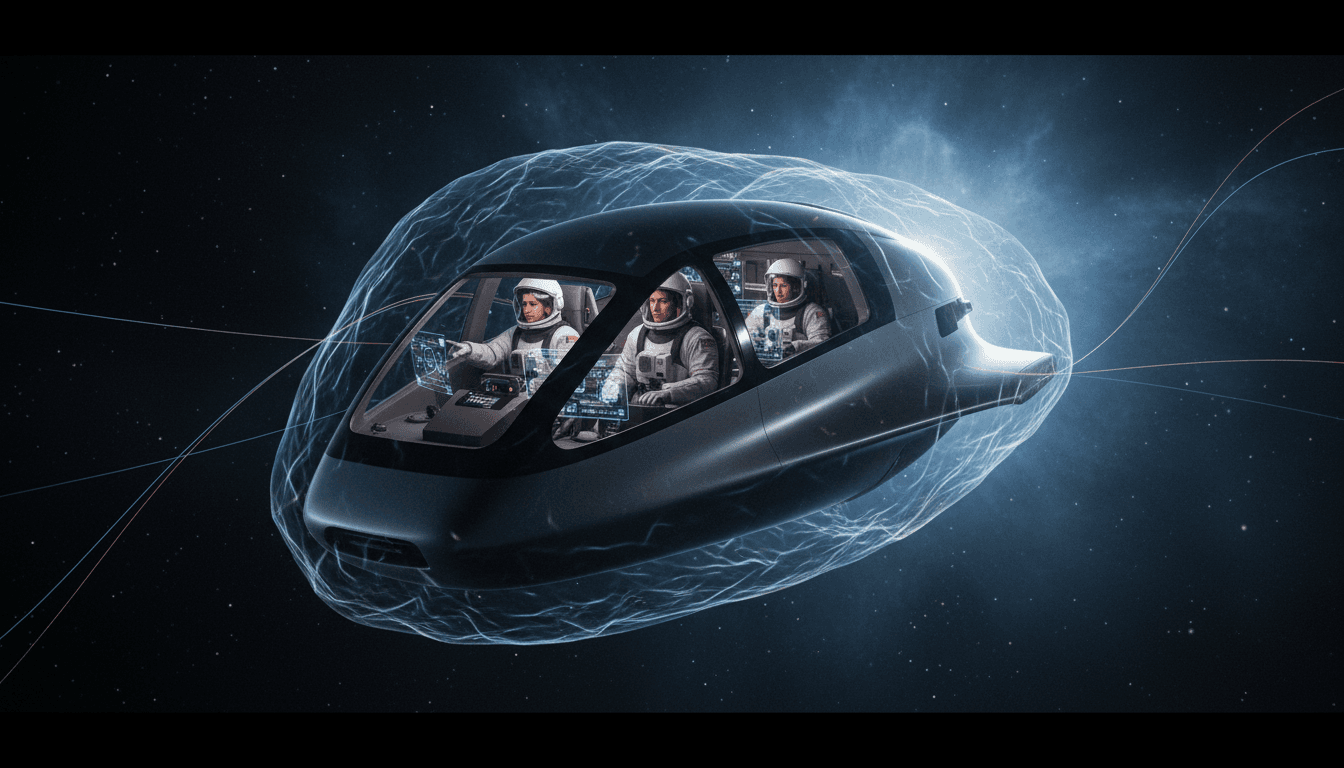A detailed schematic showing a spacecraft with a transparent, glowing layer of revolutionary radiation shield protecting astronauts inside from cosmic rays.