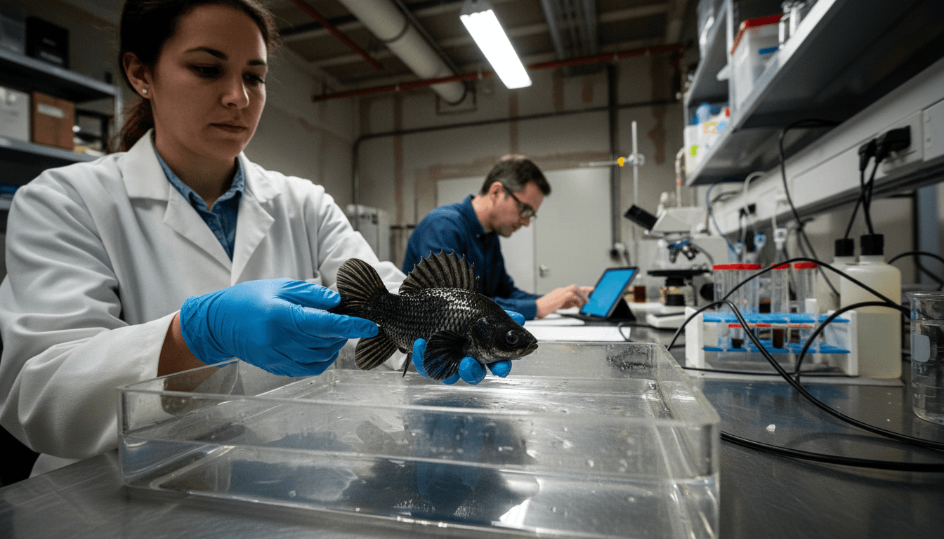 Scientists carefully examining a newly discovered dark-bodied new freshwater fish species, Labeo kaage, in a laboratory setting.