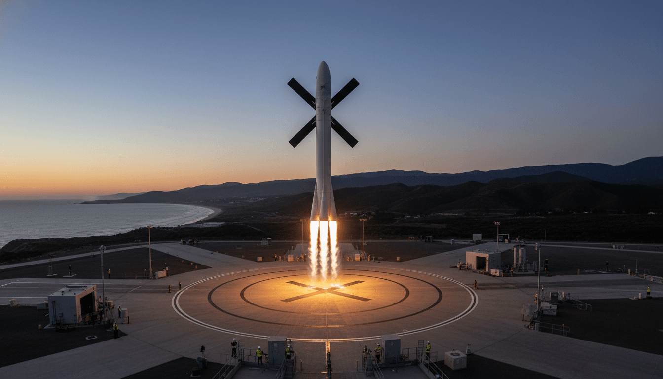 A Falcon 9 first-stage booster nearing touchdown at a Vandenberg landing pad, demonstrating SpaceX to land Falcon 9 booster.