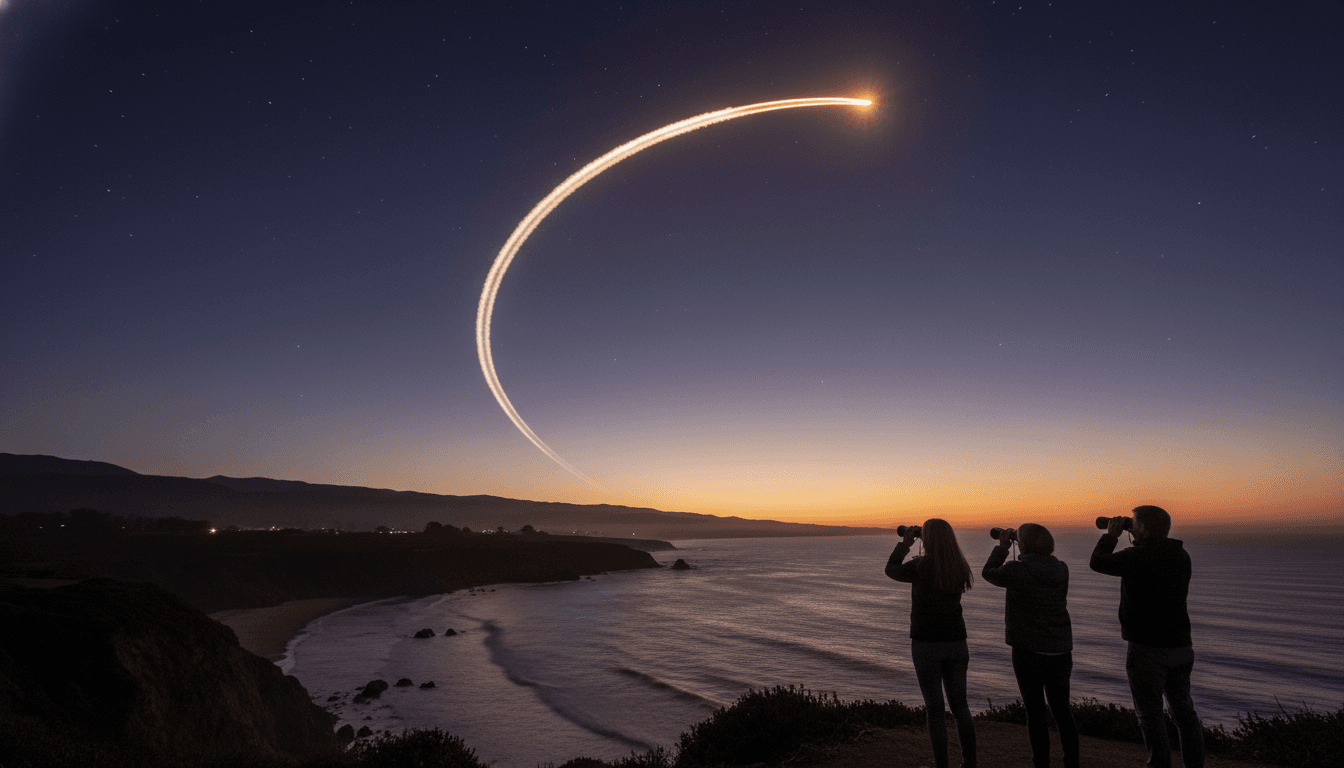 A Falcon 9 rocket, used by SpaceX, launches secret US spy satellites into a twilight sky, leaving a bright trail.