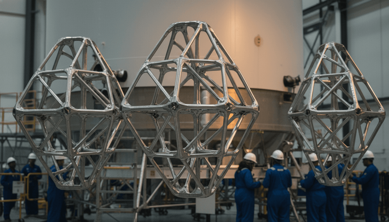 A close-up of the redesigned grid fins on the Super Heavy booster, part of the SpaceX Starship V3.