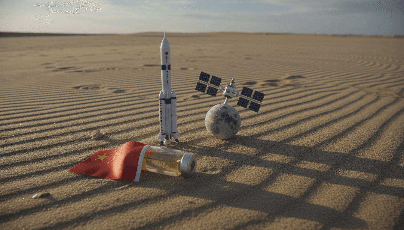A detailed model of the Long March-2F Y23 rocket standing vertically on a launchpad, with a miniature Tiangong space station model orbiting above it, representing China's year-long space mission.