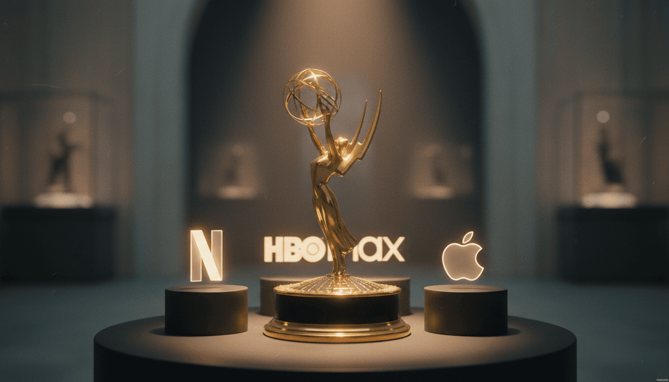 A golden Emmy statue stands prominently amidst a collection of streaming service logos, representing the Emmy category expansion.