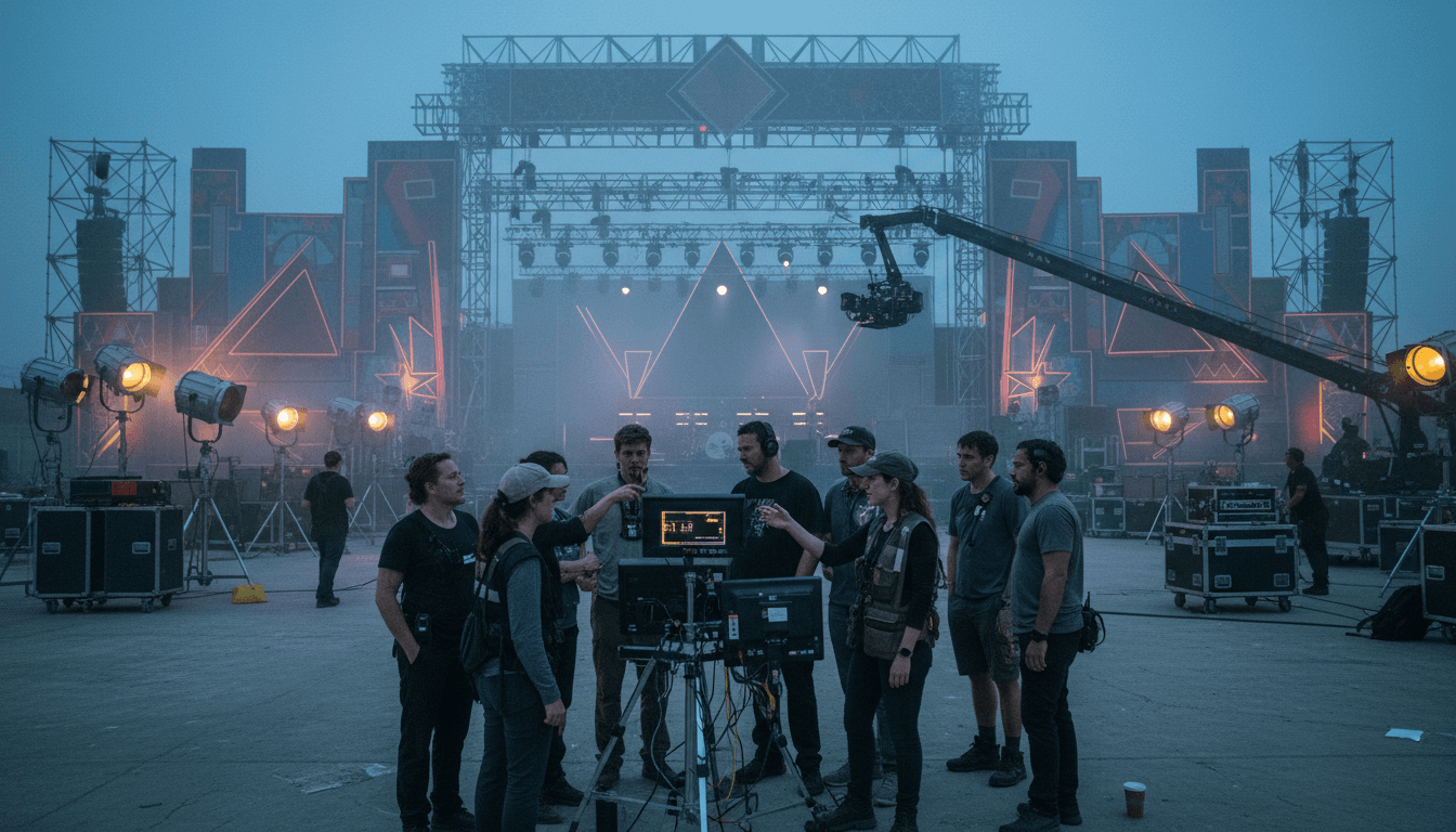 Wide shot of a bustling film set for a Michael Jackson biopic, with crews and actors amidst elaborate scenery, highlighting Michael Jackson sequel hints.