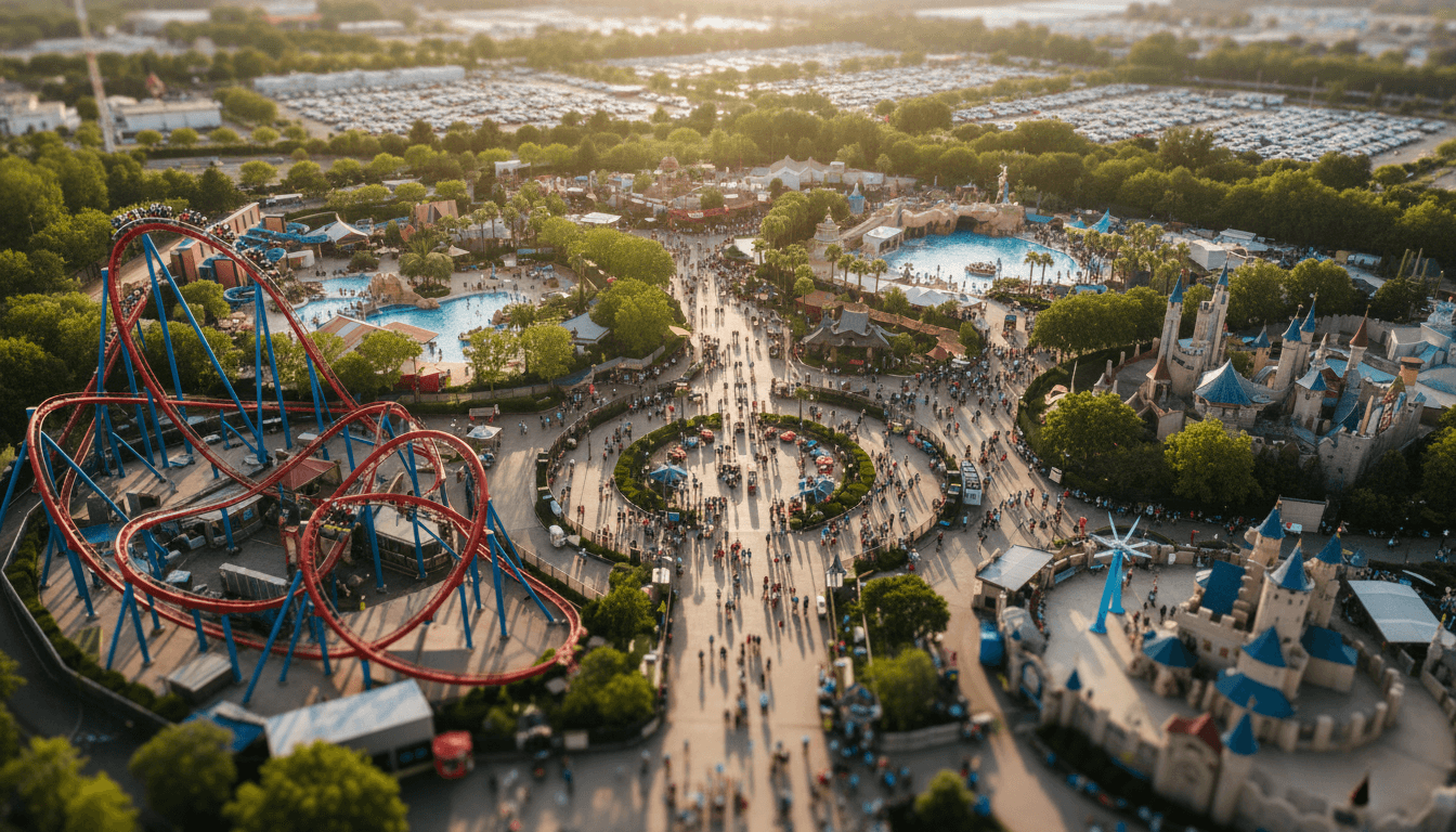 An aerial view of a bustling theme park, showcasing various rides and attractions under a clear sky, representing the Location Based Entertainment Market.