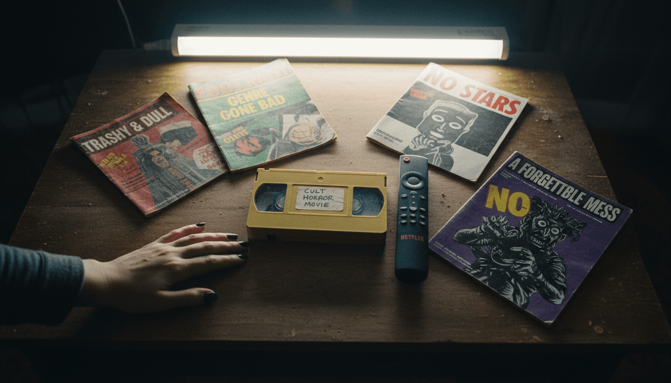 A still life composition featuring a vintage VHS tape labeled 'Cult Horror Movie', a remote control with the Netflix logo, and a stack of old film criticism magazines, all subtly lit.