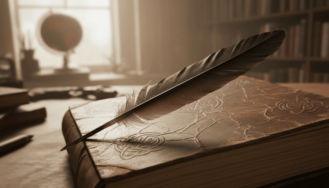 A close-up shot of a dark, ornate raven feather quill resting on a leather-bound journal, symbolizing the gothic aesthetic of Wednesday Season 2.