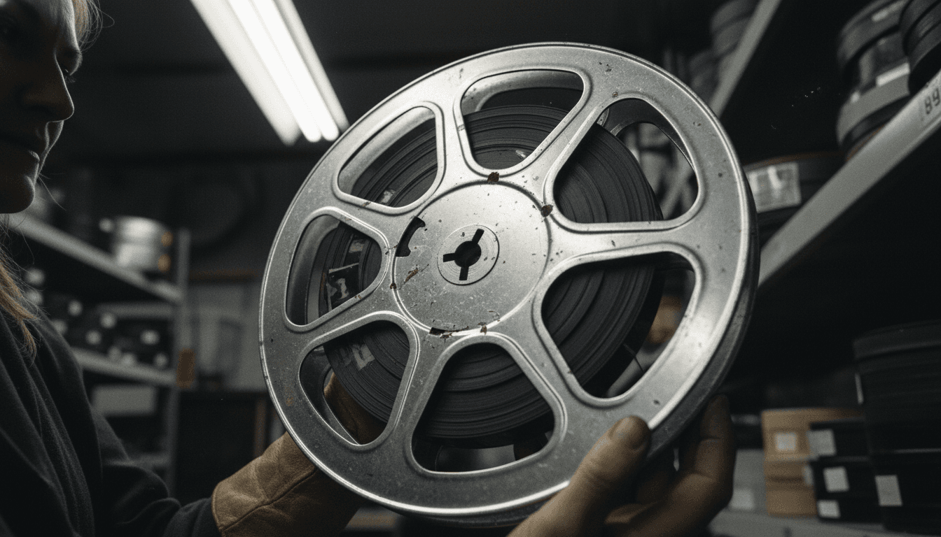 A close-up detail of a vintage film reel, slightly tarnished, reflecting the passage of time and the legacy of celebrity deaths 2026 in Hollywood.