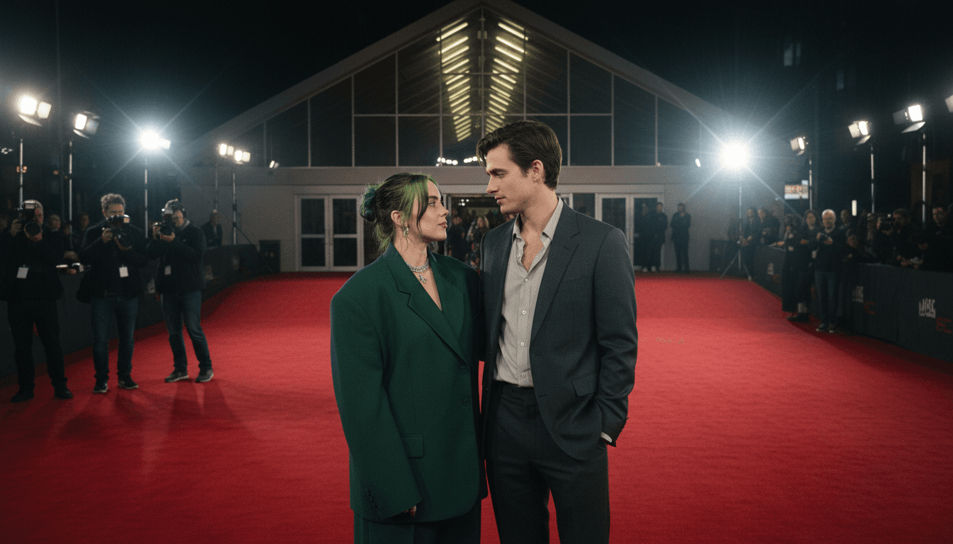 Billie Eilish and Nat Wolff standing together on a red carpet at a 3D film premiere, subtly holding hands, symbolizing the debut of the Billie Eilish Nat Wolff romance.