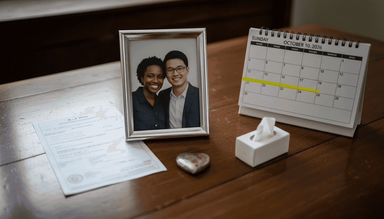 A framed photograph of a diverse couple, a mock-up K-1 visa document, and a calendar page showing May 10, 2026, all arranged on a coffee table, representing the new 90 Day Fiancé Season 12.