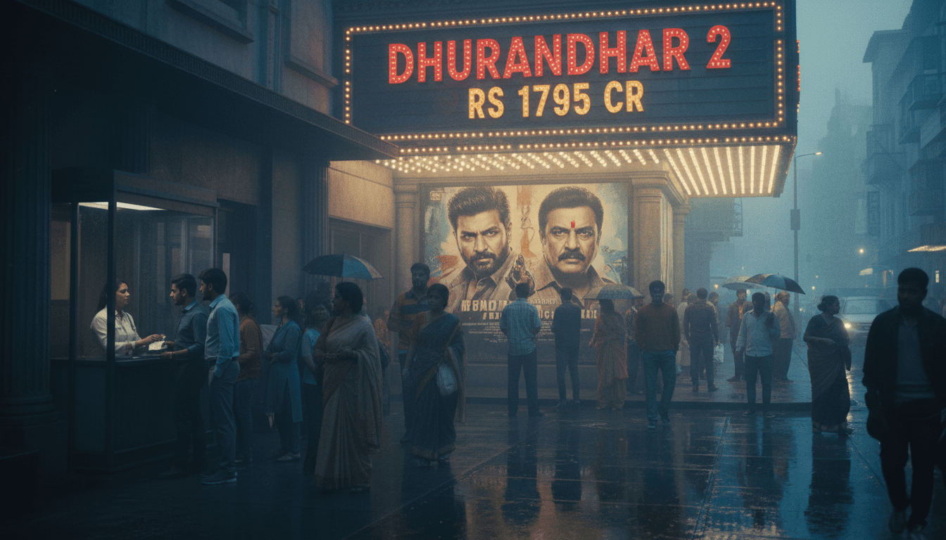 A bustling cinema entrance marquee displaying 'Dhurandhar 2 box office' figures, with Ranveer Singh and Rakesh Bedi's names prominently featured, as moviegoers queue up.