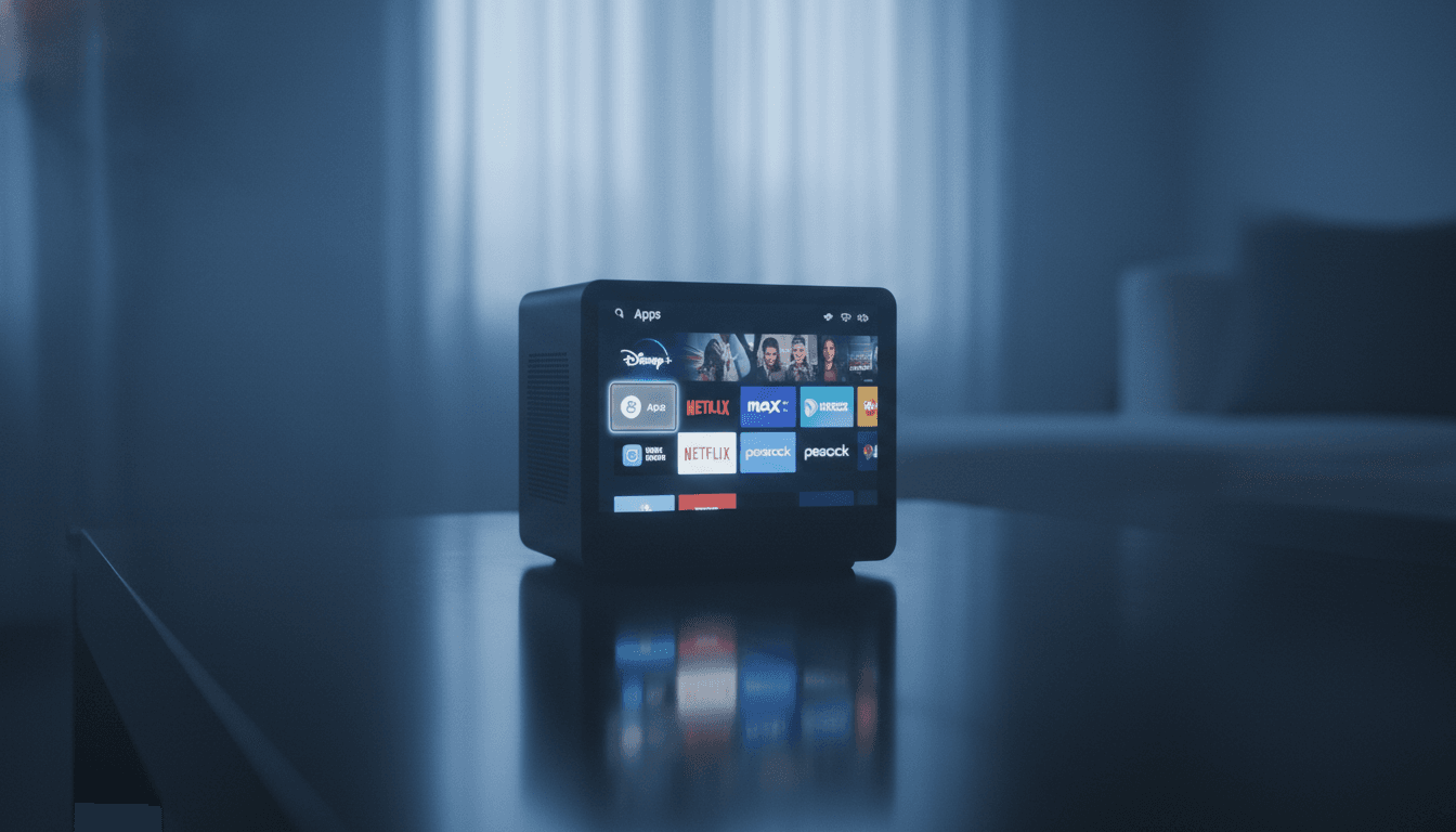 A Fire TV Cube displaying a menu of popular streaming apps like Disney+, HBO Max, Netflix, and Peacock, symbolizing a robust content slate.